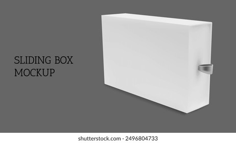 Slide gift box mockup. 3d cardboard drawer package mock up. White close cover sleeve matchbox side view. Realistic pull packaging template for presentation. Jewelry compact sliding pack layout.