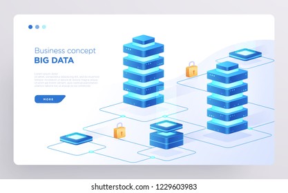Slide, hero page or digital technology banner. Big data business concept. Isometric vector illustration