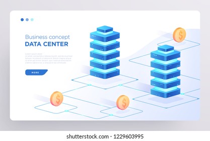 Slide, hero page or digital technology banner. Data center business concept. Isometric vector illustration