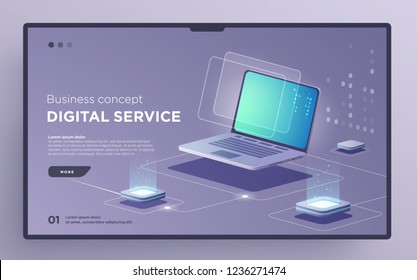 Slide, hero page or digital technology banner. Digital service business concept. Isometric vector illustration