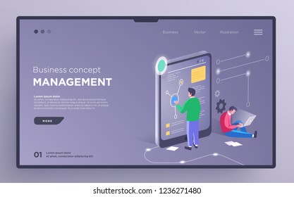 Slide, hero page or digital technology banner. Project management business concept. Isometric vector illustration