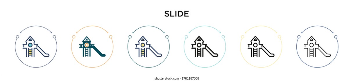 Icono de diapositiva en el estilo relleno, delgado, contorno y trazo. Ilustración vectorial de dos iconos de los vectores de diapositivas de color y negro se puede utilizar para móviles, ui, web