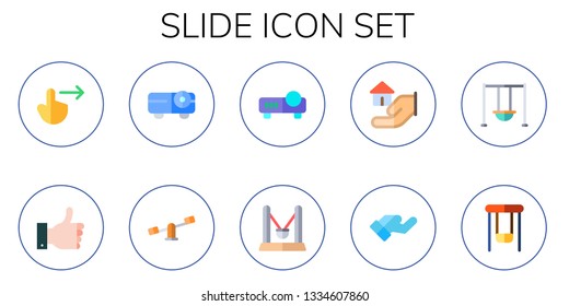 slide icon set. 10 flat slide icons.  Collection Of - swipe right, hand gesture, projector, swings, playground, gestures, swing