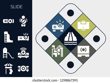  slide icon set. 13 filled slide icons. Simple modern icons about  - Slide, Projector, Playground, Waterpark, Childhood, Area, Touch screen