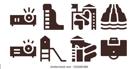 slide icon set. 8 filled slide icons.  Collection Of - Projector, Playground, Waterpark, Slide, Area