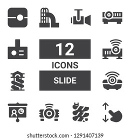 slide icon set. Collection of 12 filled slide icons included Touch screen, Slide, Projector