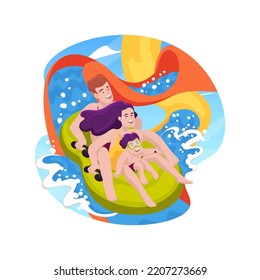 Slide isolated cartoon vector illustration. Aquapark slide, family leisure time,child and parent sliding down together, making a splash, having fun in water, holiday attraction vector cartoon.