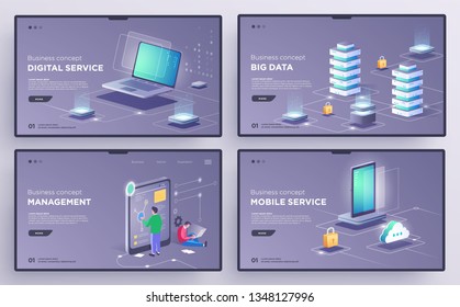 Slide, Landing page or digital technology banners. Technology business concept. Isometric vector illustration