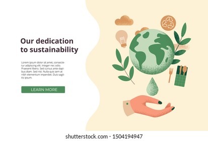 Slide or landing page layout with illustration of the concept of sustainability or environmental protection