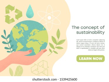 Slide or landing page layout with illustration of the concept of sustainability or environmental protection. Vector illustration