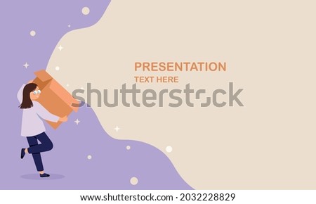 Slide layout background with young woman hand holding box and open, Presentation template.
