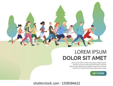 Slide page with people jogging together in park vector illustration. Long distance race, competition, training. Sport concept. Design for website templates, posters, presentations