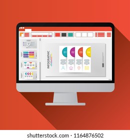 slide presentation on Computer screen flat icon. business report concept. office things for planning and accounting, analysis, audit, project management, marketing, research vector illustration