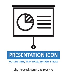 Slide Presentation Pie Chart Icon Outline Style On White Background. Chart And Diagram Vector Illustration. Base 64 X 64 Pixels. Expanded.