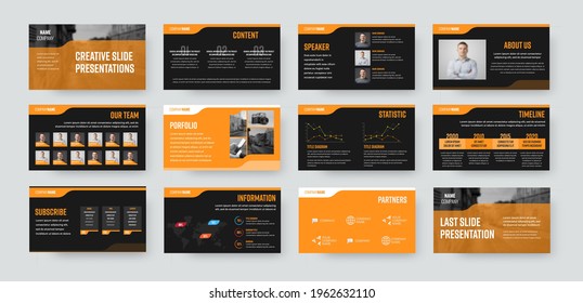 Slide presentation template for use in annual report, business analytics, document layout. Vector infographics with information, statistics, concept. Booklet on black background with orange design