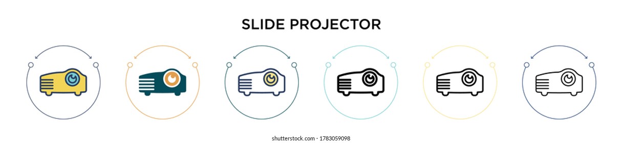 Slide projector icon in filled, thin line, outline and stroke style. Vector illustration of two colored and black slide projector vector icons designs can be used for mobile, ui, web