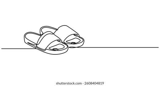 Slide Sandals continuous one line drawing, Women's Water Scout Slide Sandal  Line art, Technical sketch hand drawing outline vector doodle illustration, various view isolated on white background, pro.