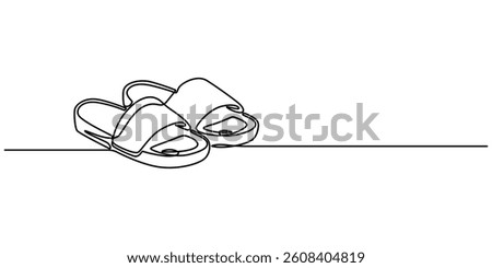 Slide Sandals continuous one line drawing, Women's Water Scout Slide Sandal  Line art, Technical sketch hand drawing outline vector doodle illustration, various view isolated on white background, pro.