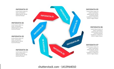 Slide with seven arrows. Concept of cycle business process with 7 options. Flat vector illustration for data visualization and analysis. Modern infographic design template.