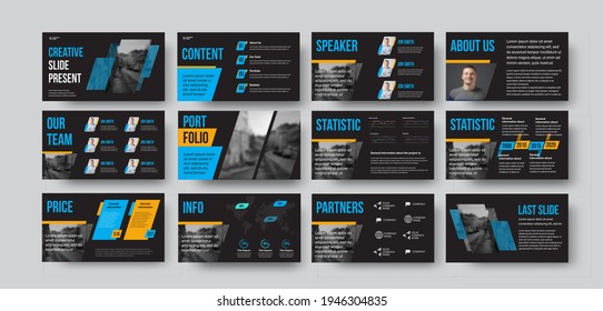 Slide template with presentation of annual report, business concept, data analytics, vector geometric illustration on black background. Booklet with infographics, brochure design. Set of documents
