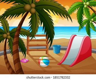 A slide with toys at the beach illustration