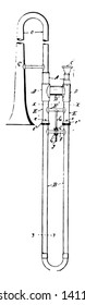 Slide Trombone having a movable U shaped slide for producing different pitches, vintage line drawing or engraving illustration.
