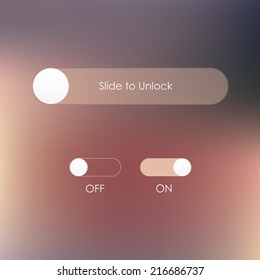 slide to unlock button and on off buttons isolated on soft blurred background- mobile application user interface design 