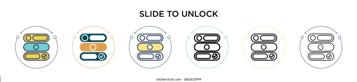 Slide to unlock icon in filled, thin line, outline and stroke style. Vector illustration of two colored and black slide to unlock vector icons designs can be used for mobile, ui, web