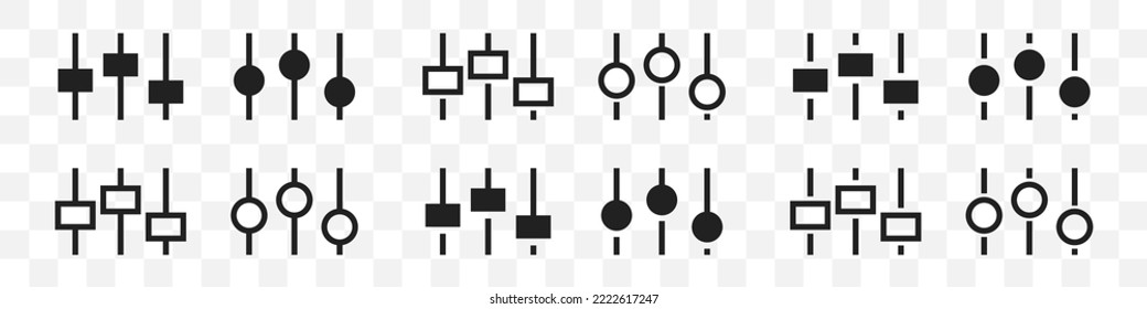 Symbol für Lautstärke verschieben. Schieberegler für Einstellungen setzen. Symbolsammlung für Lautstärkepunkte. Vektorgrafik.