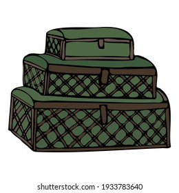 A slide of wrought iron chests. items for storage. Hand drawn graphics, vector.