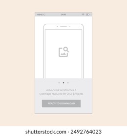 Slider app screen with phone illustration, button, scroll dots. Vector mobile wireframe editable design for mobile, with sample data, real user interface graphic details ready for ux ui projects