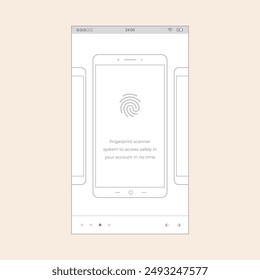 Slider app screen with phone illustrations, fingerprint and carousel dots. Vector mobile wireframe editable design for mobile, with sample data, real user interface graphic details ready for ux ui