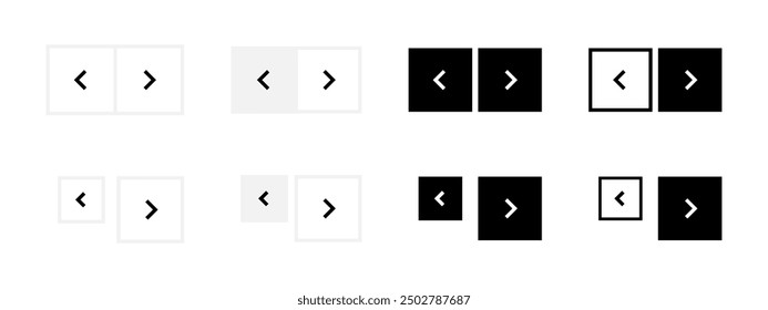 Symbolsatz für Schieberegler-Pfeiltasten. Navigationssymbole für Website-Schieberegler. Nächste und vorherige quadratische Schaltflächen für App-Schnittstelle. Webpfeilschaltflächen, einzelne Abbildung.