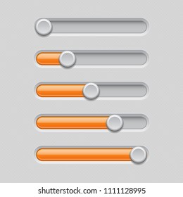 Slider bars. Gray orange volume level console. Vector 3d illustration