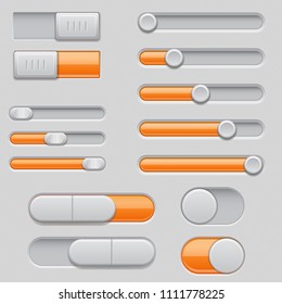 Slider bars. Set of gray orange volume level console. Vector 3d illustration