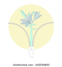 Slider is at the bottom, it opened part of the zipper. In the background, which is open, there are flowers (lilies). This picture can be used in postcards or as metaphors in the appropriate context.