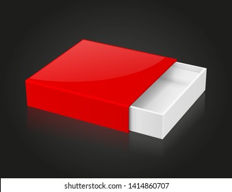 Slider box. Red blank open box mock up on black background. Vector illustration