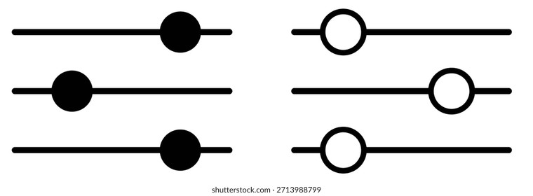 Schieberegler-Symbole drei horizontale Schieberegler-Symbole mit rundem Knopf verschiedene Positionen ein flacher Volumenkörper monochrom ein dünner schwarzer Umriss schwarz und weiß ein vollfarbiges flaches Symbol 
