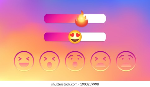 Slider emoji stories social media sticker. Set of color gradient state sliders and set of linear round emotions isolated on light gradient. Vector illustration 