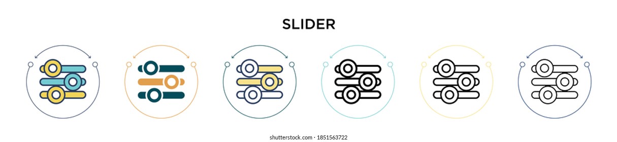 Icono de deslizador en el estilo relleno, delgado, contorno y trazo. Ilustración vectorial de dos diseños de vectores de deslizamiento de color y negro se pueden utilizar para móviles, ui, web