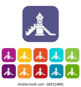 Slider, kids playground equipment icons set vector illustration in flat style in colors red, blue, green, and other