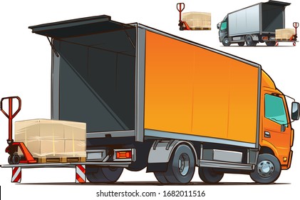 Slider lift for truck. Truck with Slider Lift. Lifting cargo. Vector Illustration