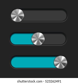 Slider with metal button. Blue bar on dark background. Vector illustration