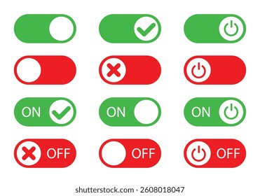 Slider on off icon set. Switch on off buttons. ON OFF icons set in white background. Switch power vector icons. Switch toggle button. Switch, icons, vector.
