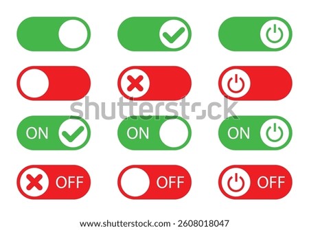 Slider on off icon set. Switch on off buttons. ON OFF icons set in white background. Switch power vector icons. Switch toggle button. Switch, icons, vector.