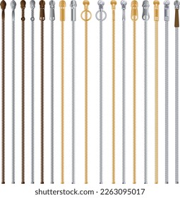 Slider and seamless zipper brush set.Metal zipper flat sketch vector illustration. Different types of Zipper for fasteners, dresses garments, bags, fashion illustration, clothing and accessories.