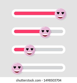 Slider social interface, emoji love. Vector slider smiley face, facial love emotion, slide response button with mascot love illustration