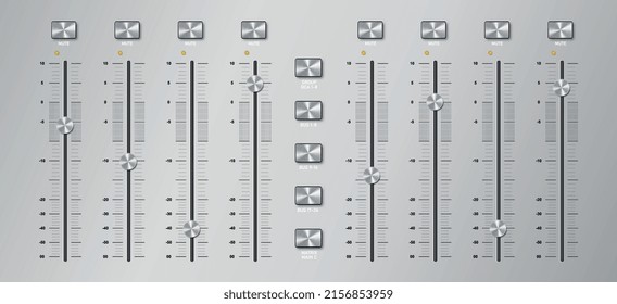 Slider, sound mixer. Collection of graphic elements for applications, music setting and dj remote control in nightclub, player. Realistic isometeric vector illustrations isolated on grey background