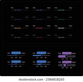 Slider variation interface component for volume up and down. Simple slide buttons in three different styles isolated collection.