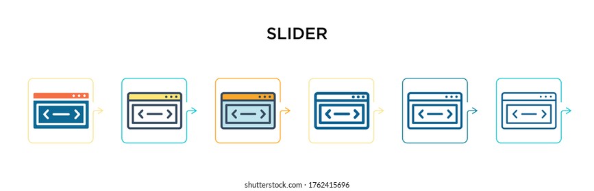 Slider vector icon in 6 different modern styles. Black, two colored slider icons designed in filled, outline, line and stroke style. Vector illustration can be used for web, mobile, ui